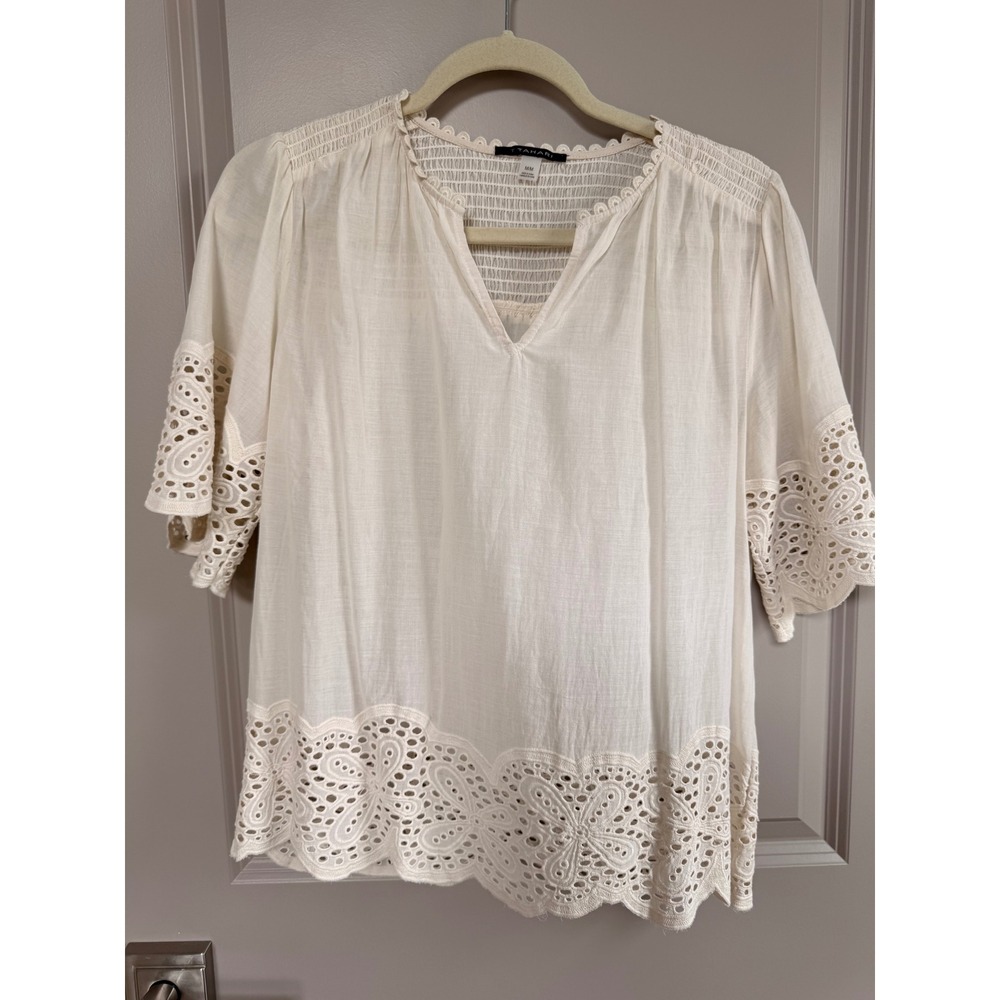 T Tahari Ivory Eyelet Lace Smocked V-Neck Short Sleeve Peasant Blouse Medium